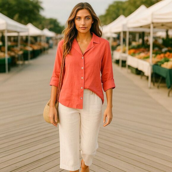 David N 100% Linen Womens Button Up Shirt M Coral Pink Collared Lightweight Top - Picture 1 of 7
